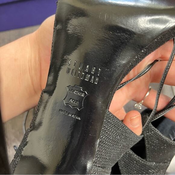 STUART WEITZMAN Legwrap Black Goose Bump Stiletto Sandal Heels with Box 8.5 - Picture 10 of 15